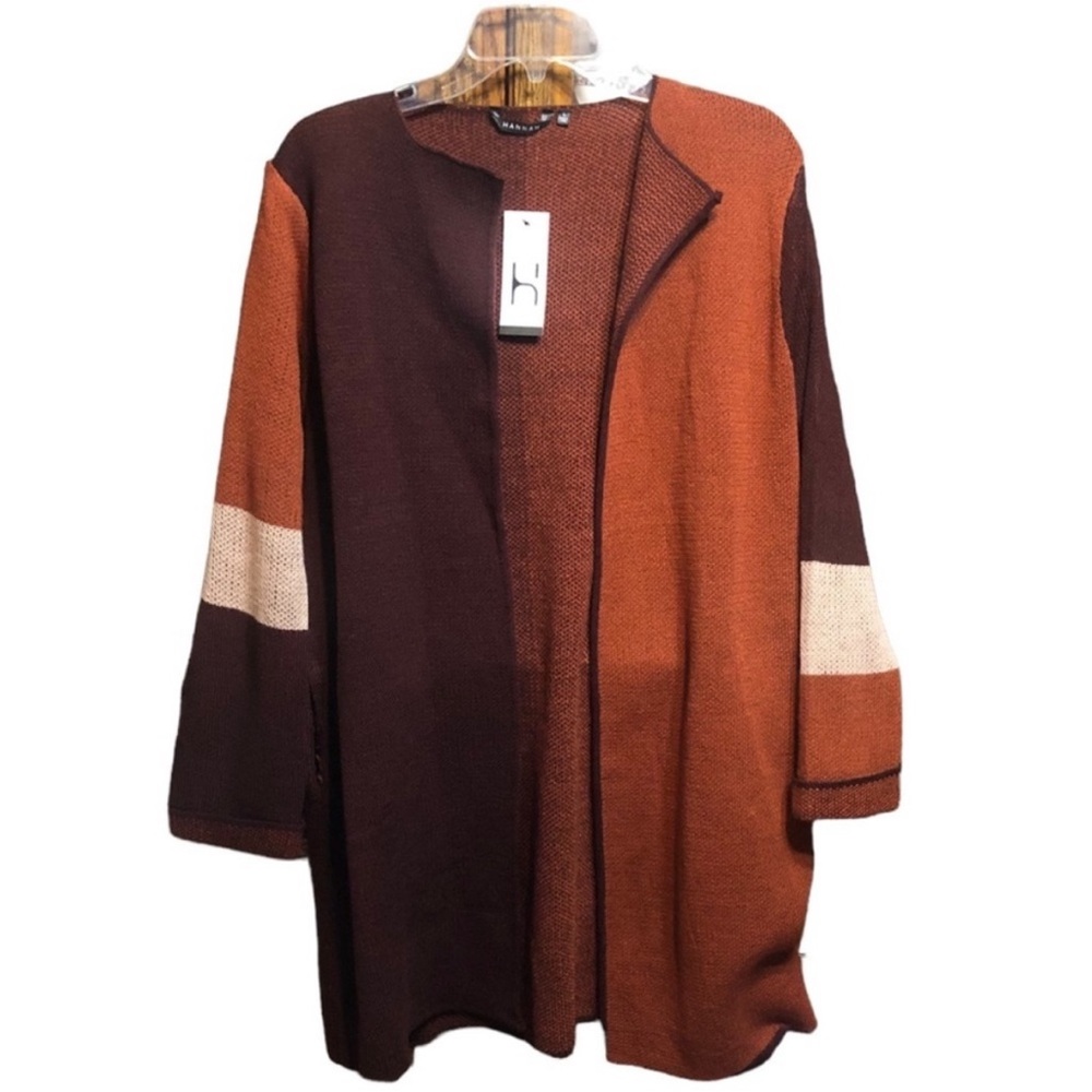 HANNAH Colorblock Open Front Women's BROWN And ORANGE Cardigan Size LARGE